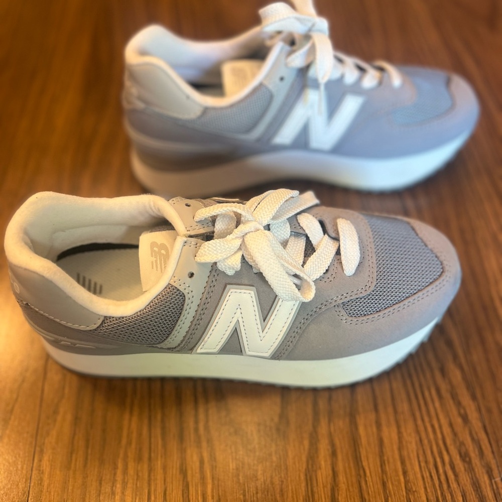 New Balance Light Gray and White Platform Sneakers
